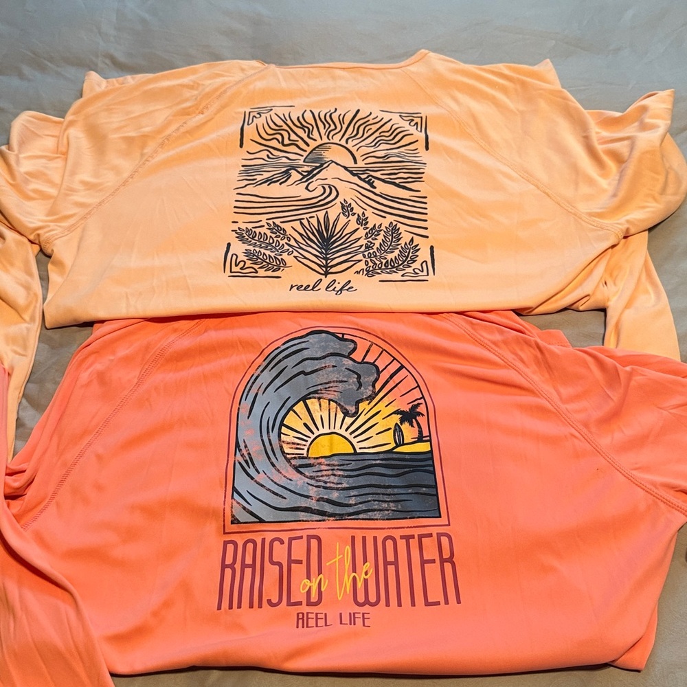 Reel Life Women's Long Sleeve Graphic Tee - Peach & Coral